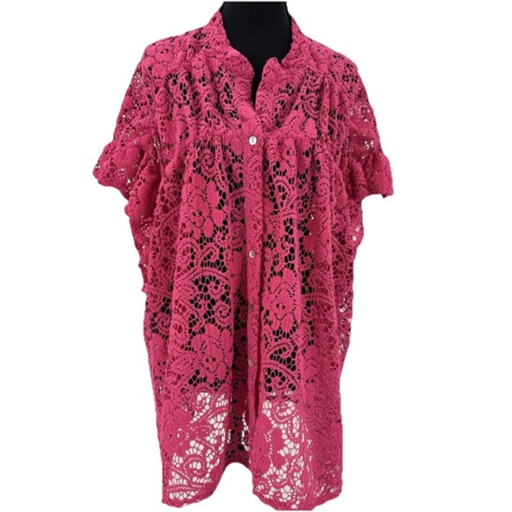 BiBi Pink Lace Crochet Cardigan Kimono Boho Festival sheer Top M